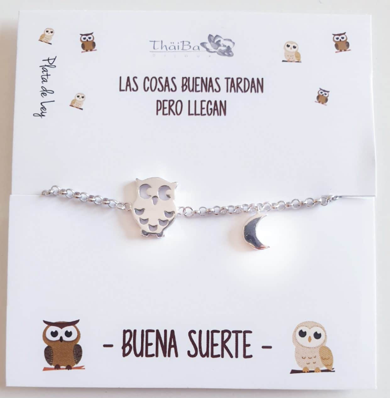 Pulsera buho de la suerte de plata de ley