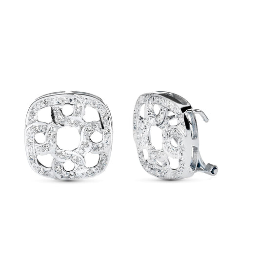 18K PENDIENTES ORO BLANCO JUEGO NOVIA 16X16 MM CIERRE OMEGA