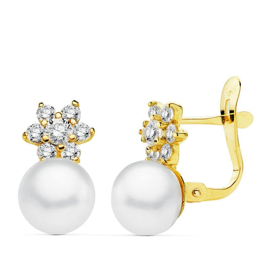 Pendientes Perla y Circonita 12 x 7 mm de oro amarillo 18K