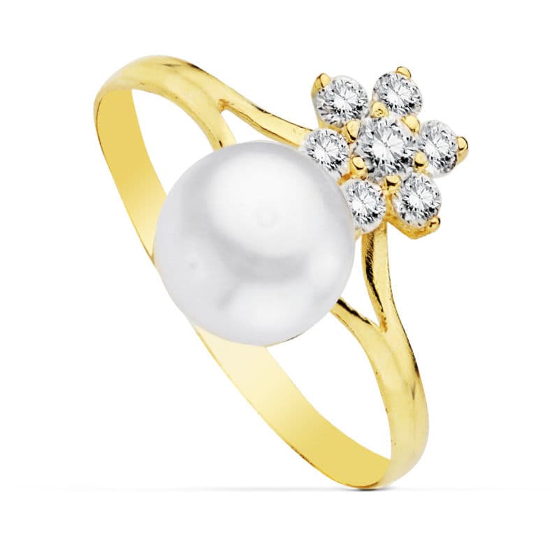 Sortija Cuajo Circonitas con Perla 6,5 mm. Ancho: 12 mm de oro amarillo 9K