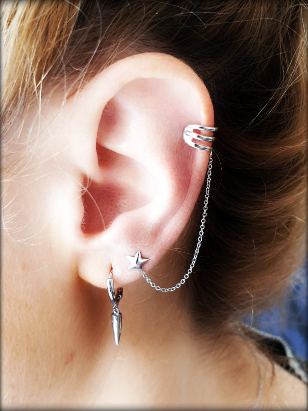 Pendiente ear cuff dos en uno cadena de plata de ley