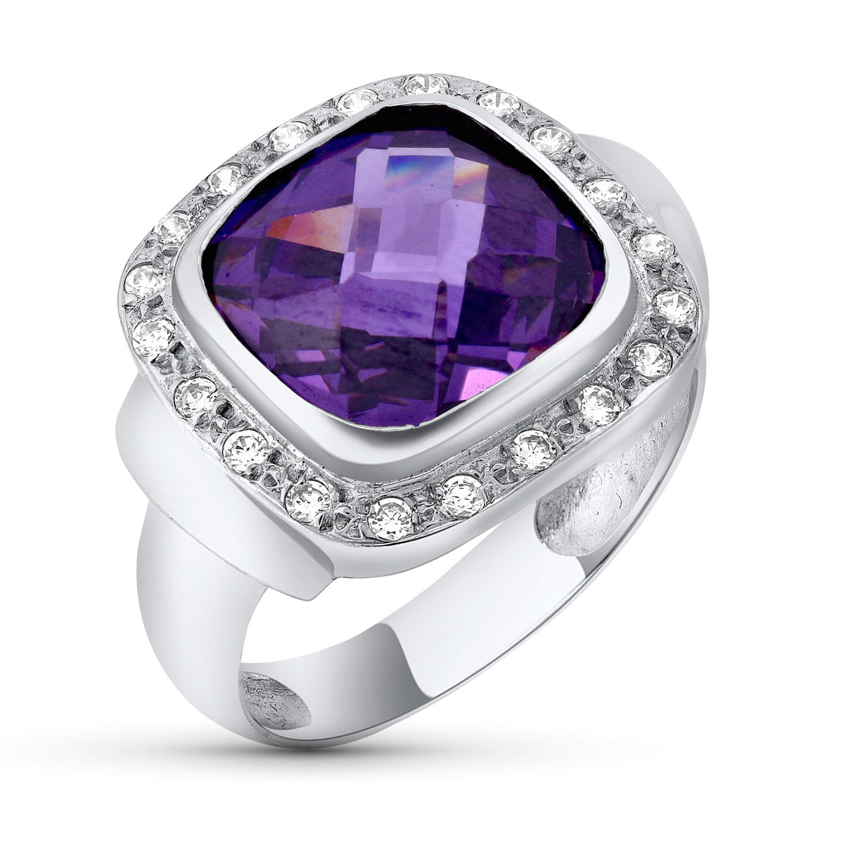 18K SORTIJA ORO BLANCO CON AMATISTA DE 12 MM Y CIRCONITAS. ANCHO: 17 MM