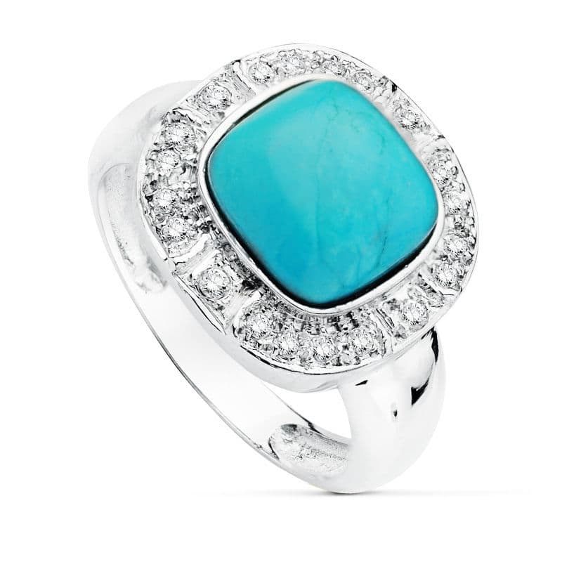 18K SORTIJA ORO BLANCO CON TURQUESA DE10 MM Y CIRCONITAS. ANCHO: 14 MM