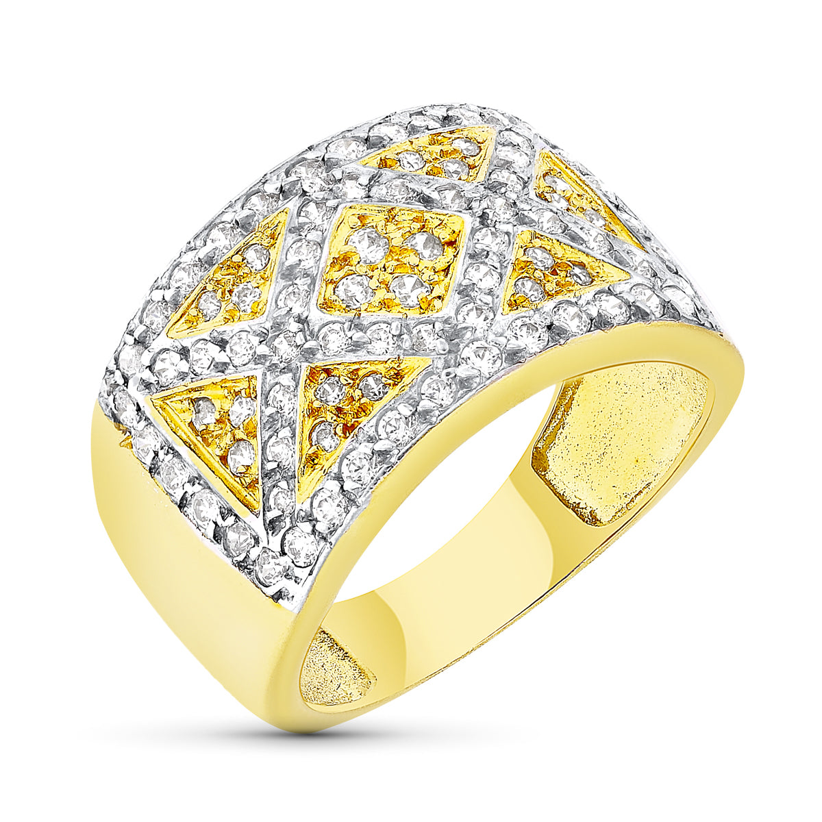 18K SORTIJA ORO BICOLOR MACIZA CALADA CON CIRCONITAS. ANCHO: 13 MM