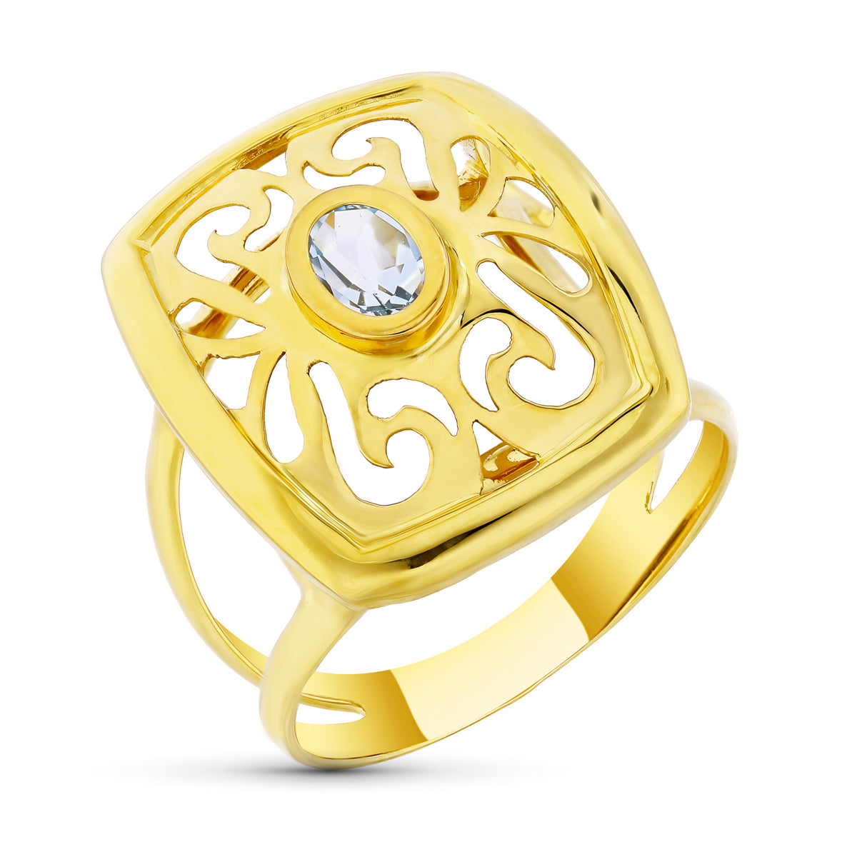 Sortija Motivo Calado con Circonita Aguamarina. Ancho: 21 mm de oro amarillo 18K