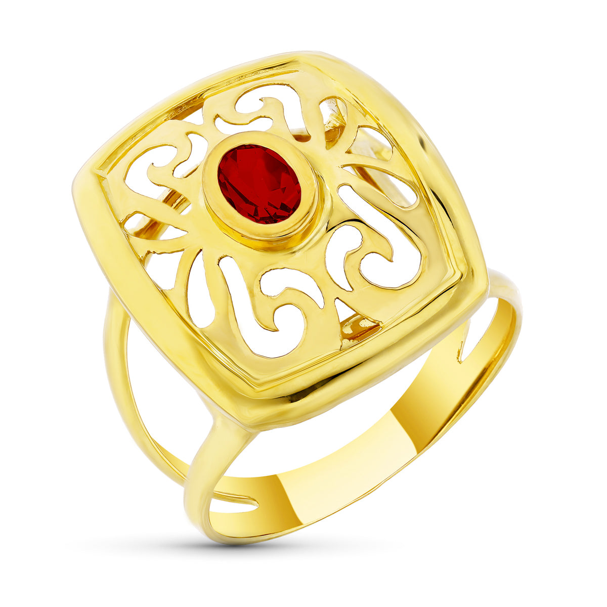 Sortija Motivo Calado con Circonita Granate. Ancho: 21 mm de oro amarillo 18K
