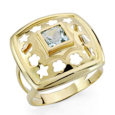 Sortija Flores y Estrellas Caladas con Circonita Aguamarina. Ancho: 20 mm de oro amarillo 18K