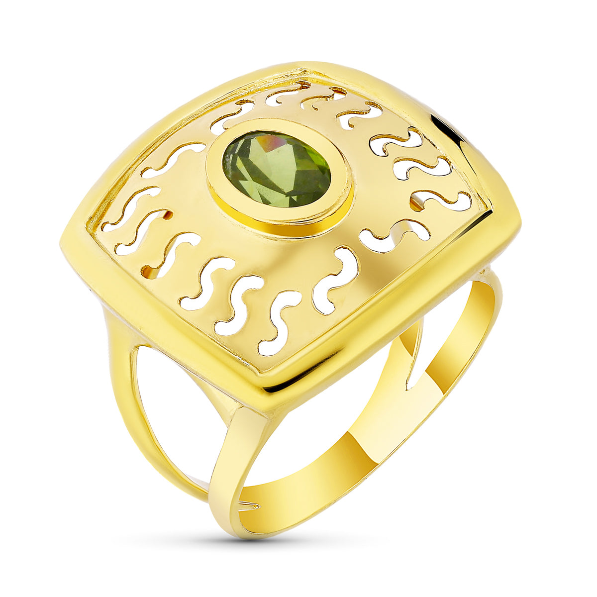 Sortija Motivo Calado con Circonita Olivina. Ancho: 20 mm de oro amarillo 18K