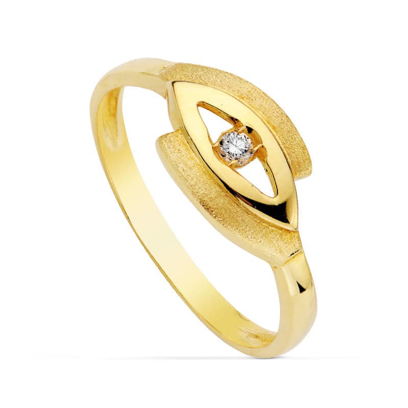 Sortija Ojo con Circonita. Ancho: 7,5 mm de oro amarillo 18K