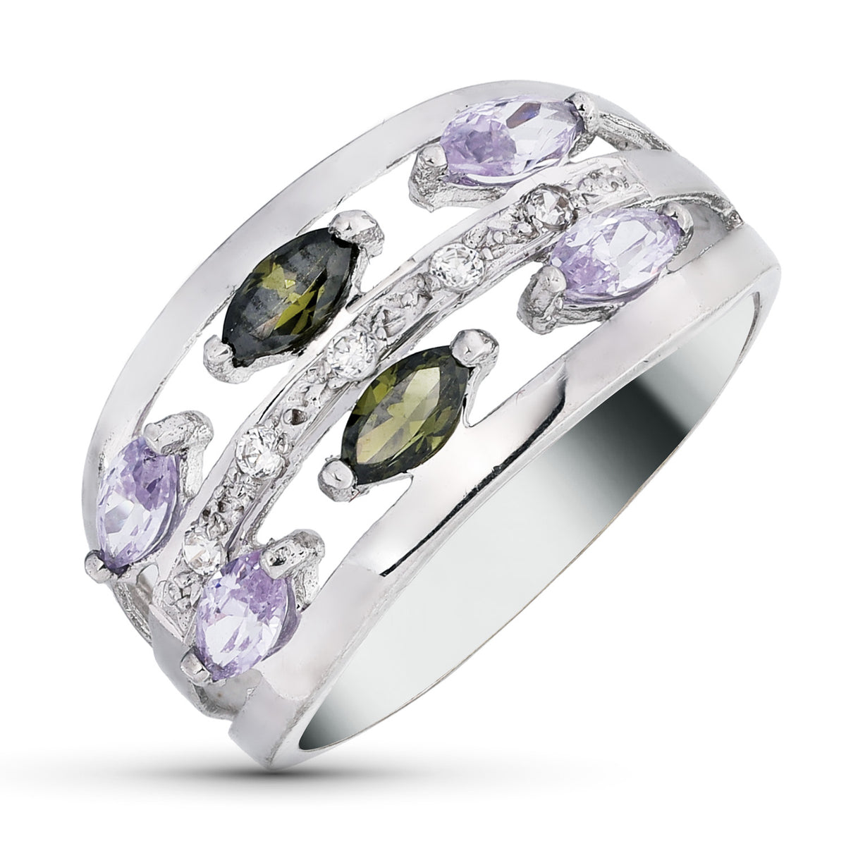 Sortija Circonitas Color Olivina y Malva Talla Marquise. Ancho: 11 mm de oro blanco 18K