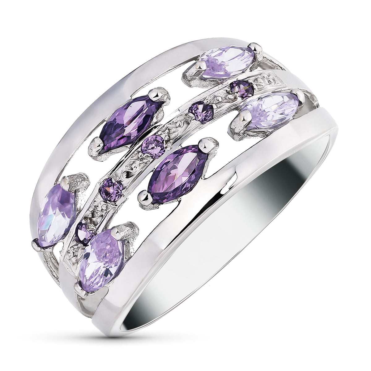 Sortija Calada con Circonitas Moradas y Malva. Ancho: 11 mm de oro blanco 18K