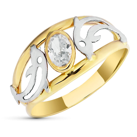 18K SORTIJA ORO BICOLOR DOBLE CUERPO CON DELFINES Y CIRCONITA. ANCHO: 9 MM