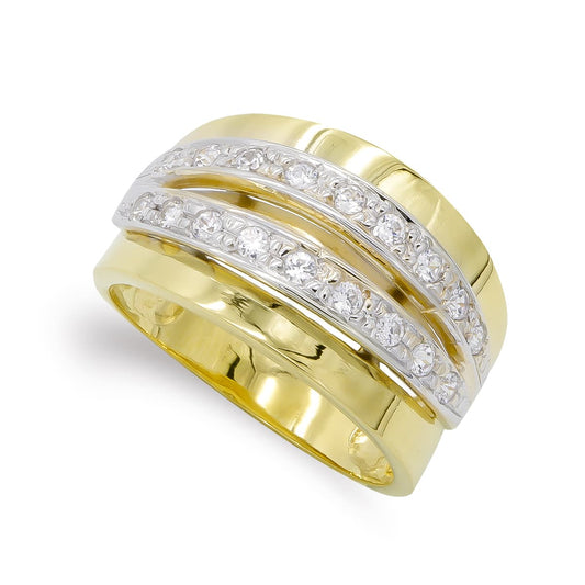 18K SORTIJA ORO BICOLOR MACIZA CON BANDAS DE CIRCONITAS. ANCHO: 12 MM