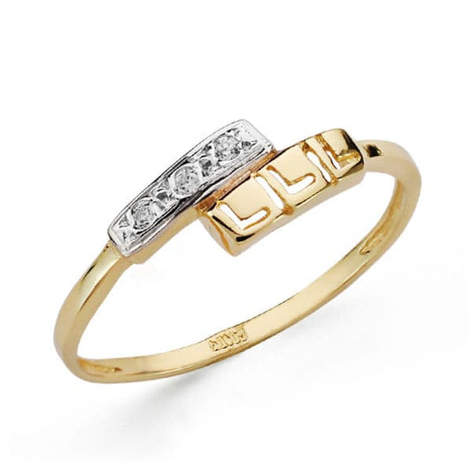 18K SORTIJA ORO BICOLOR CON MOTIVO CALADO GRECA Y CIRCONITA. ANCHO: 5,5 MM