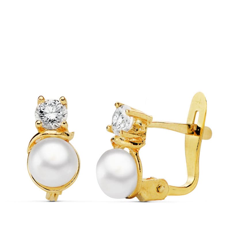 Pendientes Oroa Amarillo Perla y Circonita 8 x 4 mm 18K