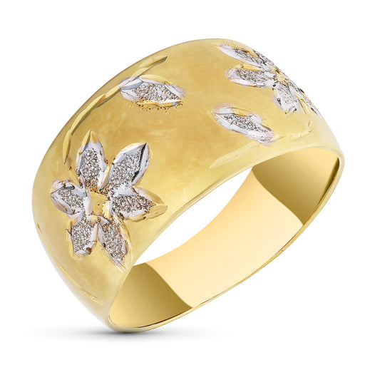18K SORTIJA ORO BICOLOR MATIZADA CON FLORES TALLADAS. ANCHO: 11 MM