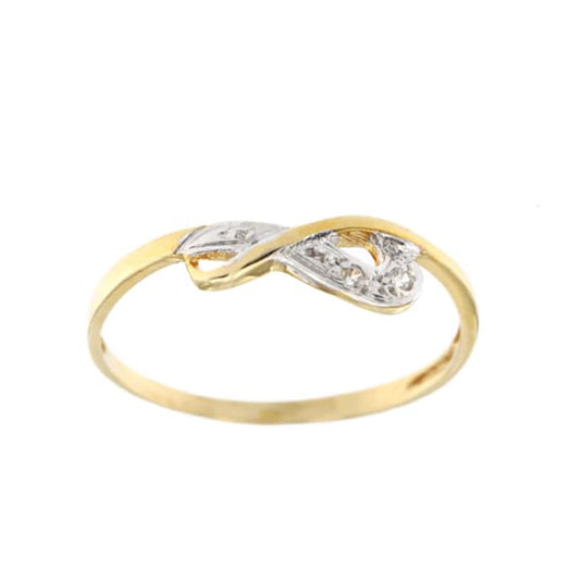 9K SORTIJA ORO BICOLOR ENTRELAZADA CON CIRCONITAS. ANCHO 7 MM