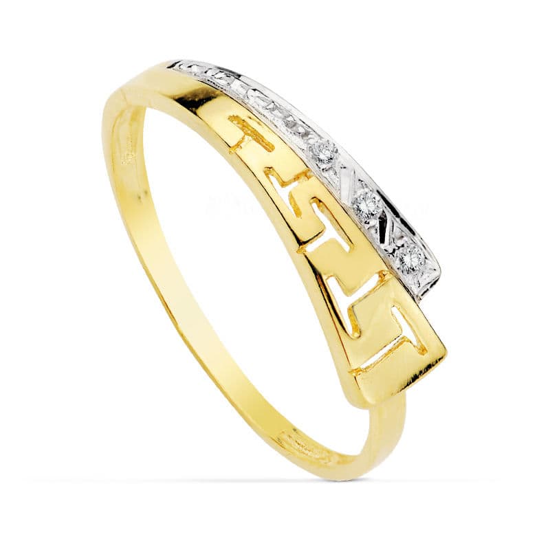 Sortija Bicolor con Motivo de Greca y Circonitas 18K