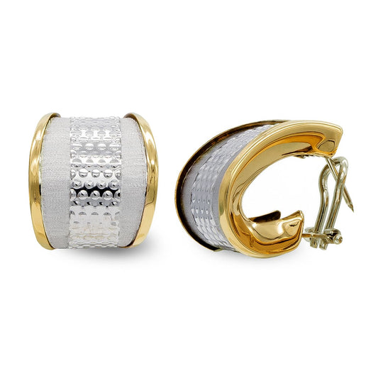 18K PENDIENTES ORO BICOLOR TIPO ARGOLLA MATE Y BRILLO CIERRE OMEGA