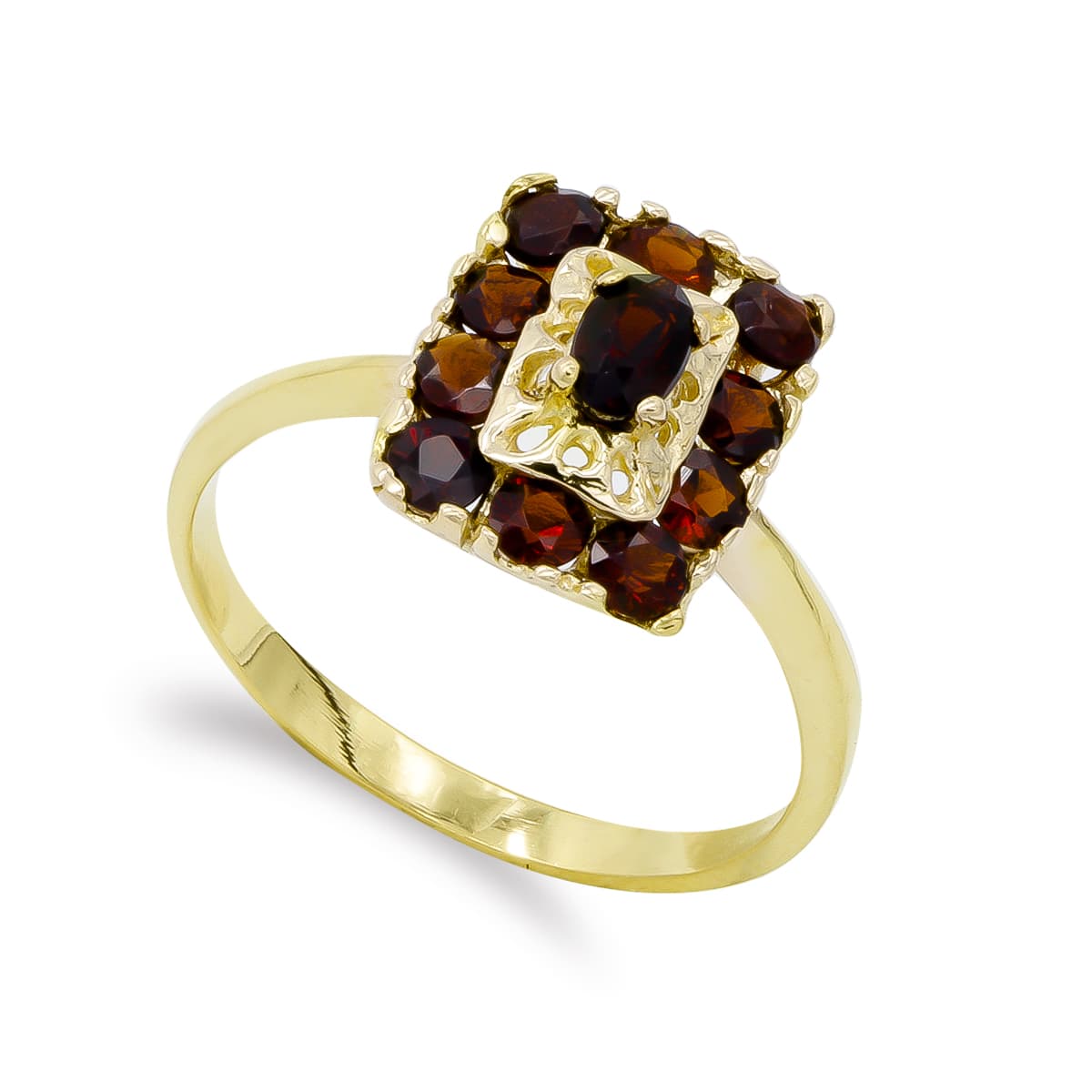 Sortija Cuajo Rectangular de Granates. Ancho: 12,5 mm de oro amarillo 18K