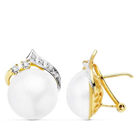 Pendientes Bicolor Perla Japonesas 14 mm 18K