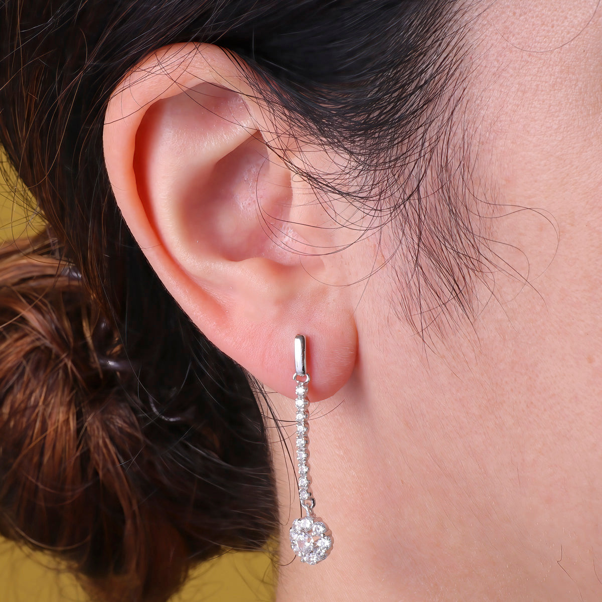 Pendientes Juego Novia Piña Circonita 38 x 7 mm presión de oro blanco 18K