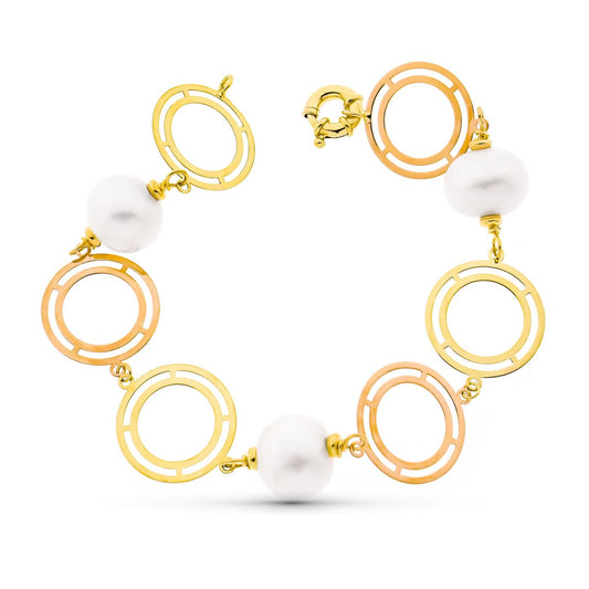 Pulsera 21 cm Bicolor y Rosa y Perla Cultivadas 15 mm de oro amarillo 18K