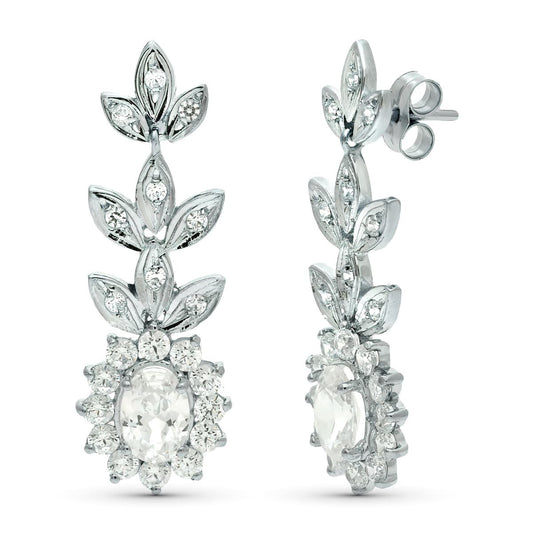 18K PENDIENTES ORO BLANCO JUEGO NOVIA CIRCONITA 8X6 MM TOTAL 33X11 MM PRESION