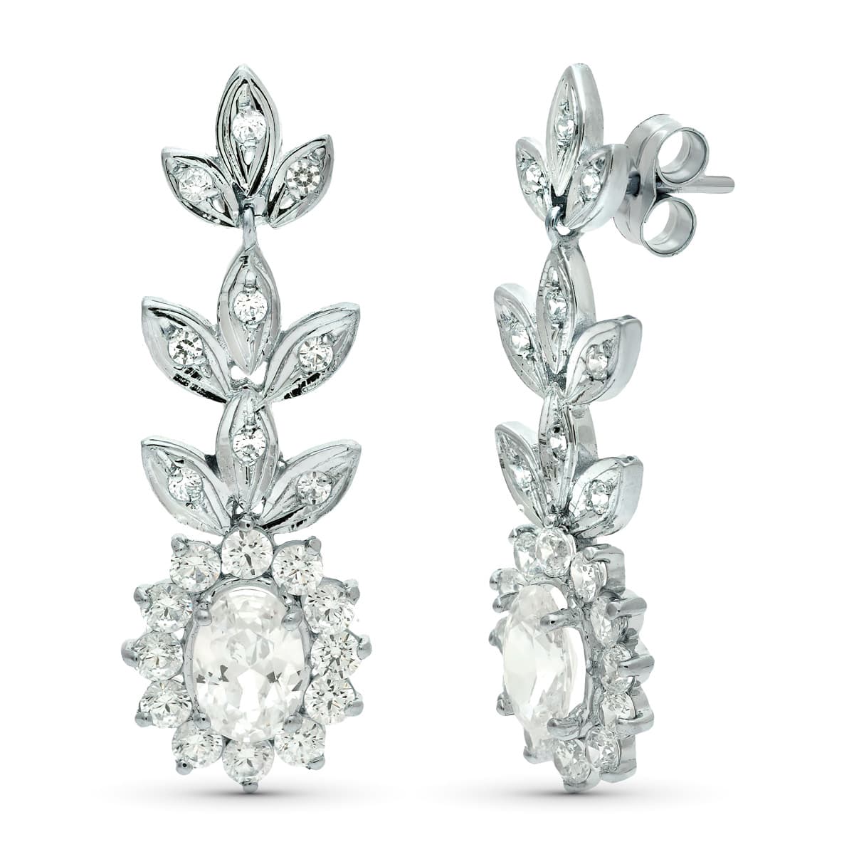 Pendientes Juego Novia Circonita 8 x 6 mm Total 33 x 11 mm presión de oro blanco 18K