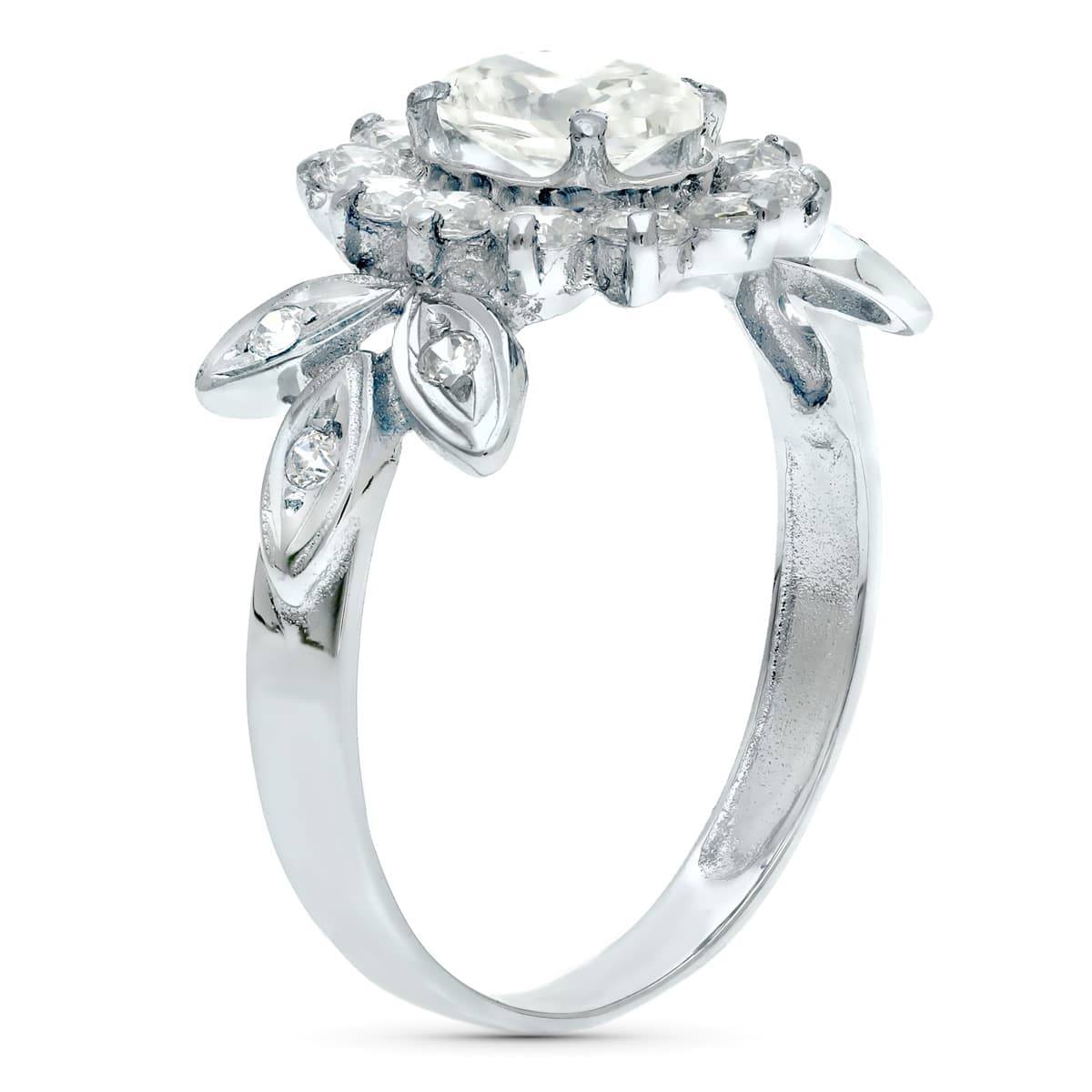 Sortija Cuajo y Hojas con Circonitas. Ancho: 11 mm de oro blanco 18K