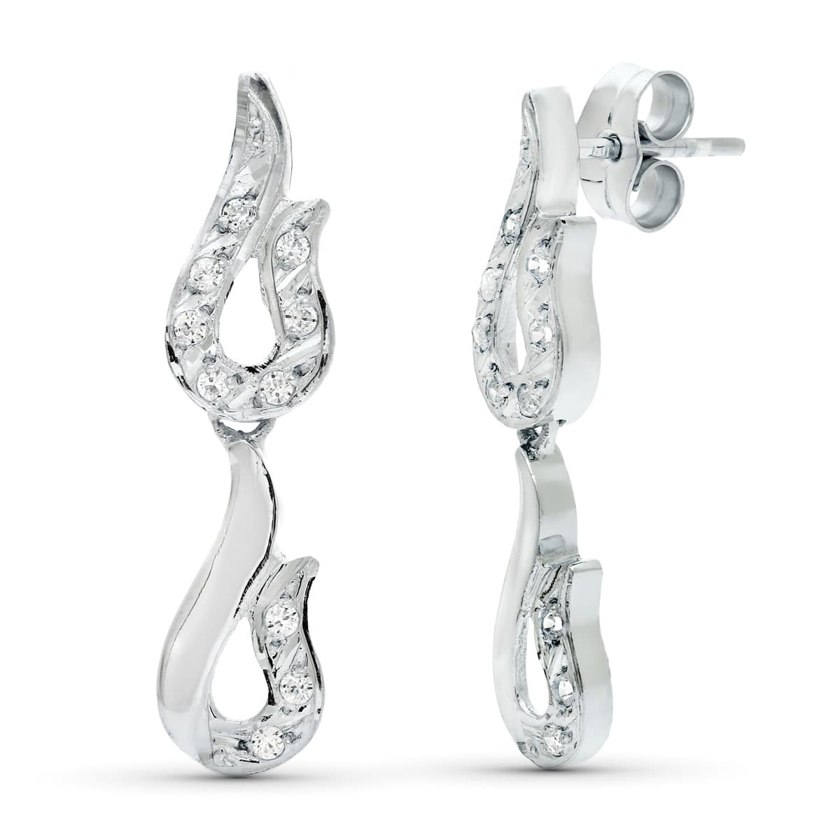 Pendientes Juego Novia Doble Cuerpo Circonita 26 x 7 mm presión de oro blanco 18K