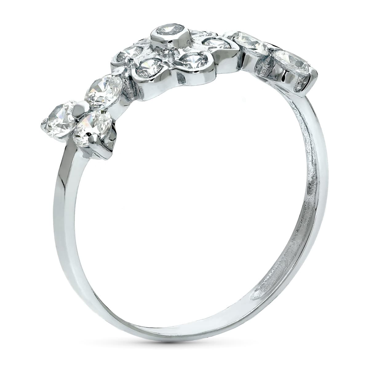 Sortija Flor con Circonitas. Ancho 7 mm de oro blanco 18K
