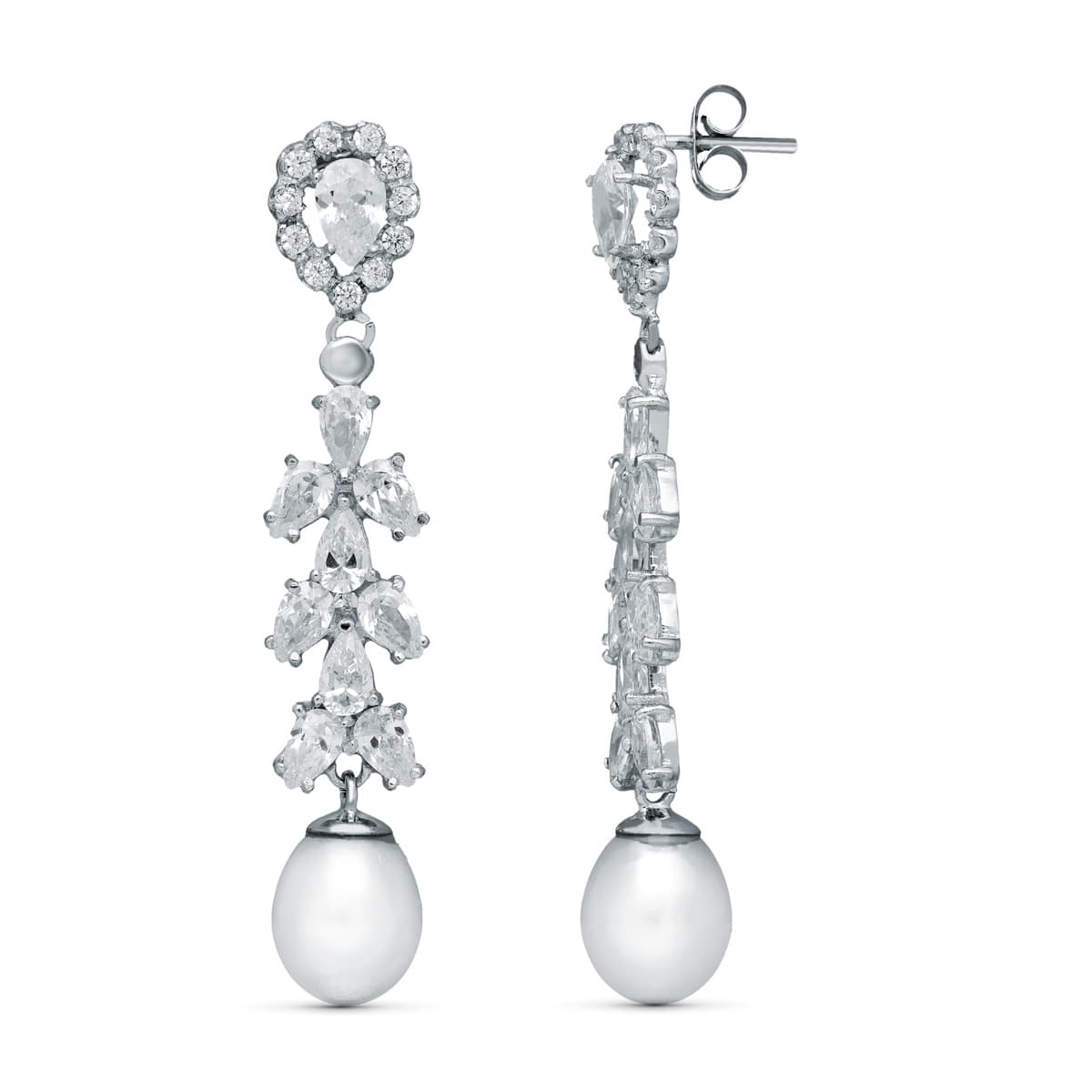 Pendientes Novia Dos Cuerpos Perla Cultivada 47 x 8 mm presión de oro blanco 18K