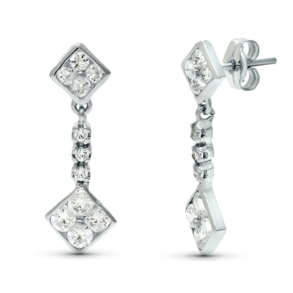 18K PENDIENTES ORO BLANCO DOBLE CUERPO JUEGO NOVIA CIRCONITA 23X8 MM PRESION