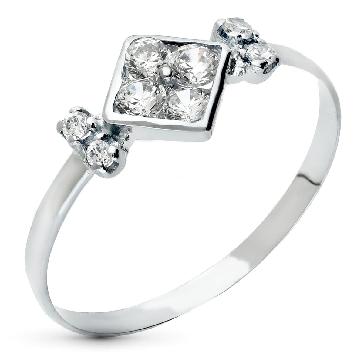 Sortija Motivo Rombo con Circonitas. Ancho 7 mm de oro blanco 18K