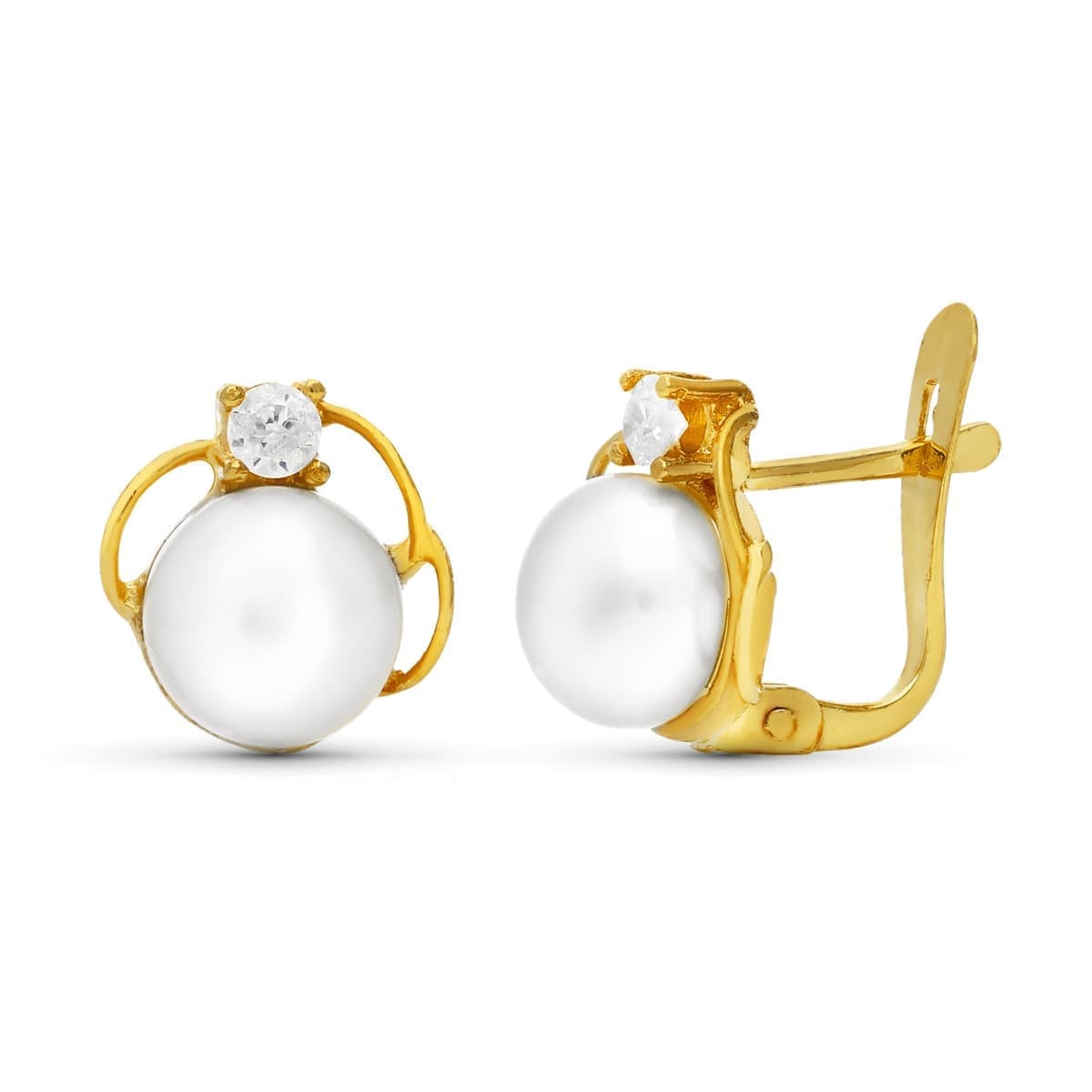 Pendientes Perla y Circonita 9 x 9 mm de oro amarillo 18K