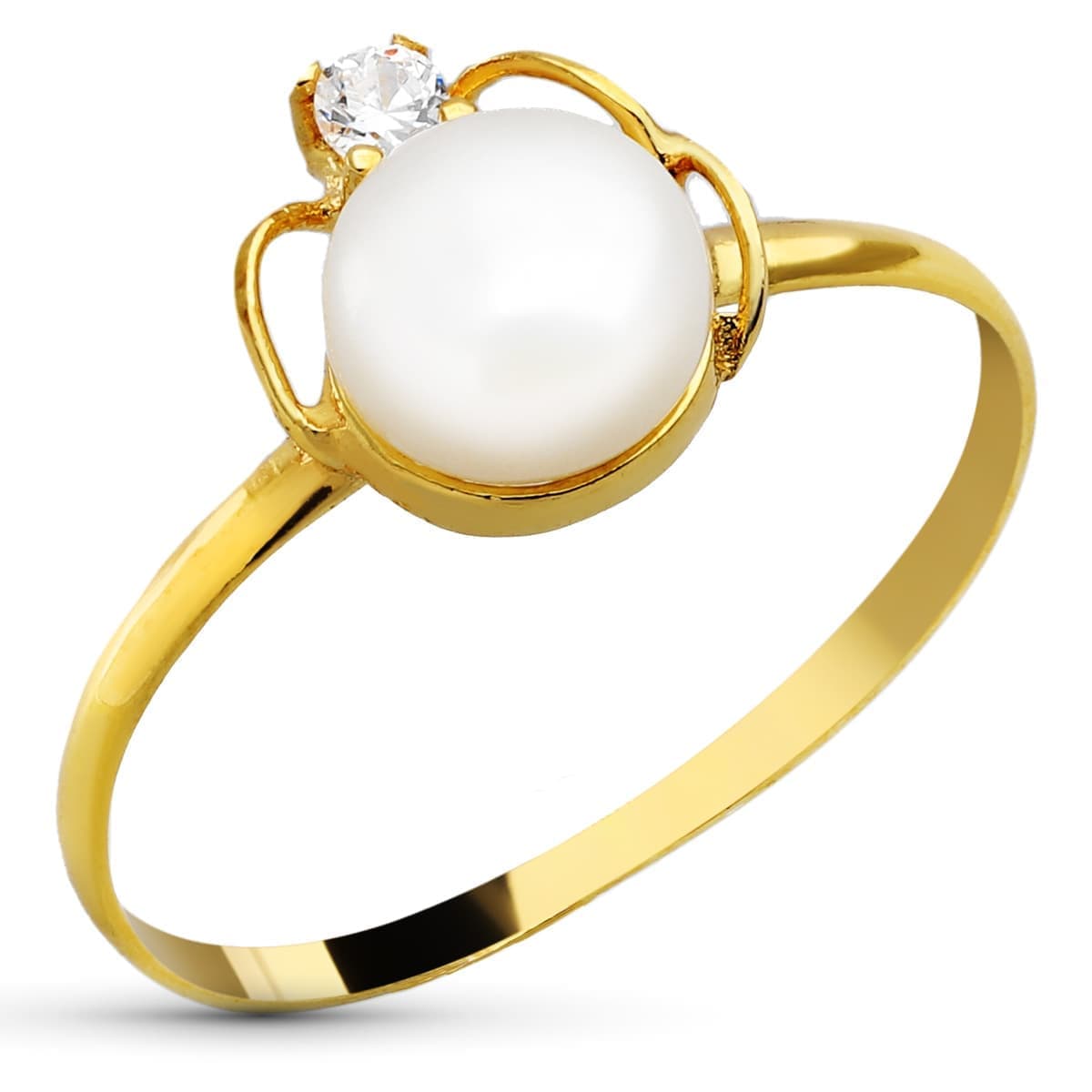 Sortija con Perla de 6 mm y Circonita. Ancho: 9 mm de oro amarillo 18K