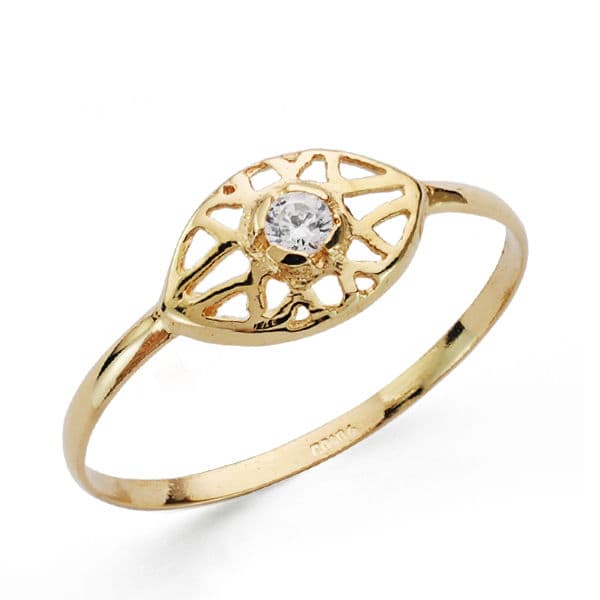 Sortija Motivo Calado con Circonita. Ancho: 7 mm de oro amarillo 18K