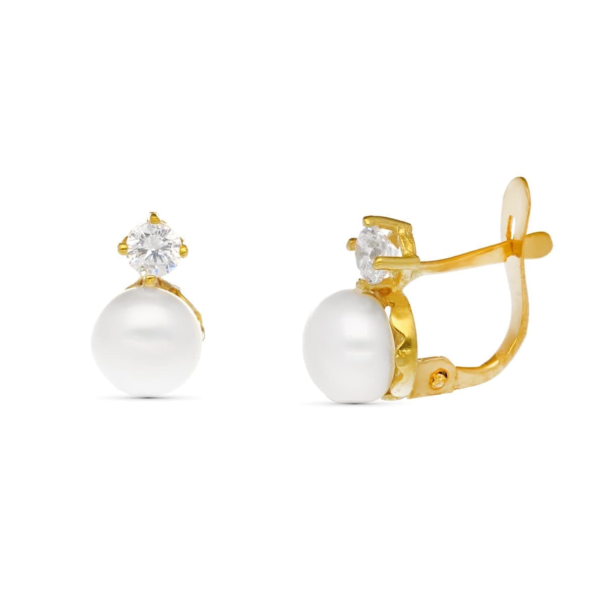 Pendientes Perla y Circonita 10 x 5 mm de oro amarillo 18K