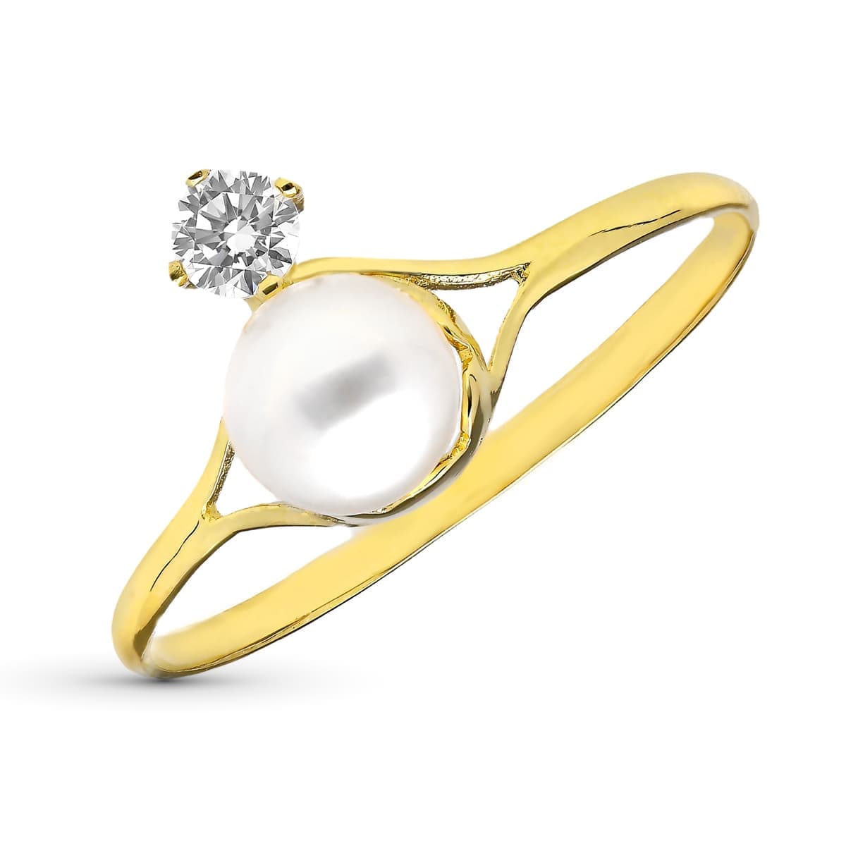 Sortija con Perla de 5,5 mm y Circonitas. Ancho: 9,5 mm de oro amarillo 9K