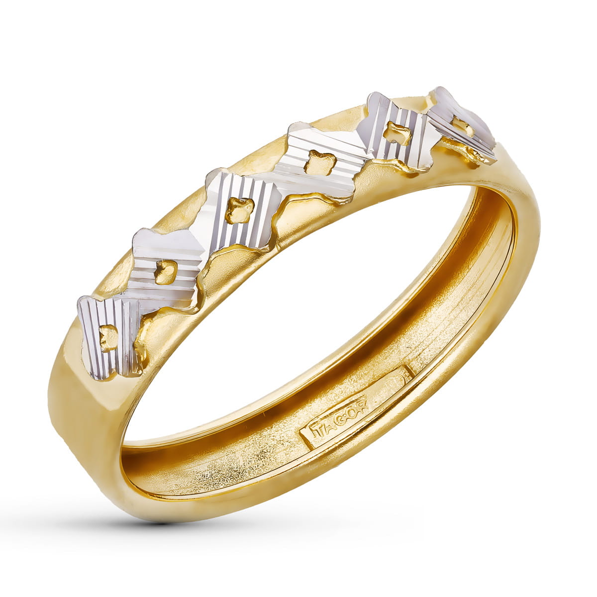 18K SORTIJA ORO BICOLOR MOTIVOS ROMBO TALLADOS. ANCHO 4 MM