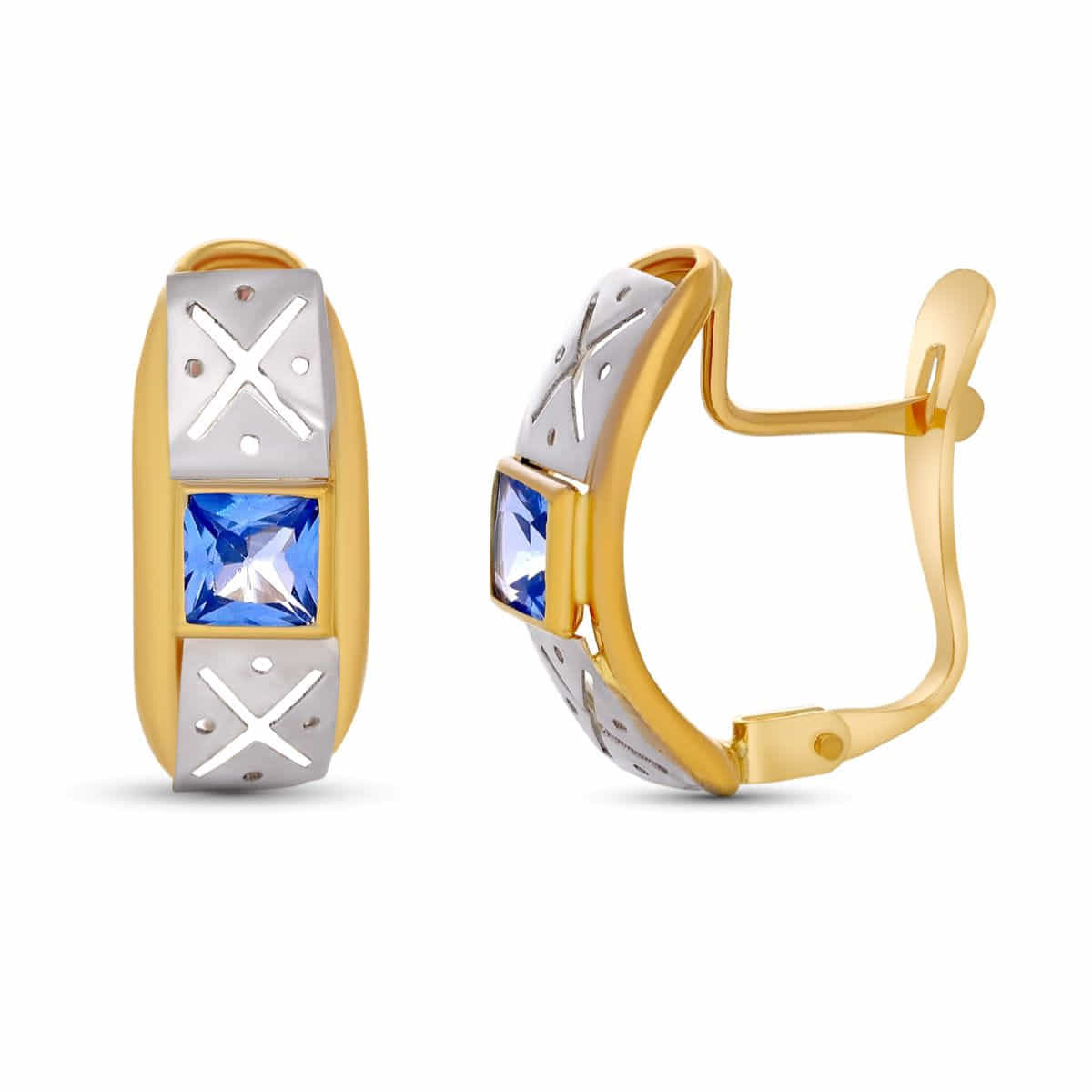 18K PENDIENTES ORO BICOLOR CARRE 3X3 MM TOTAL 15X6 MM CIERRE CATALAN