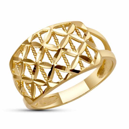 18K SORTIJA ORO AMARILLO CALADA CON HOJAS TALLADAS. ANCHO: 13 MM
