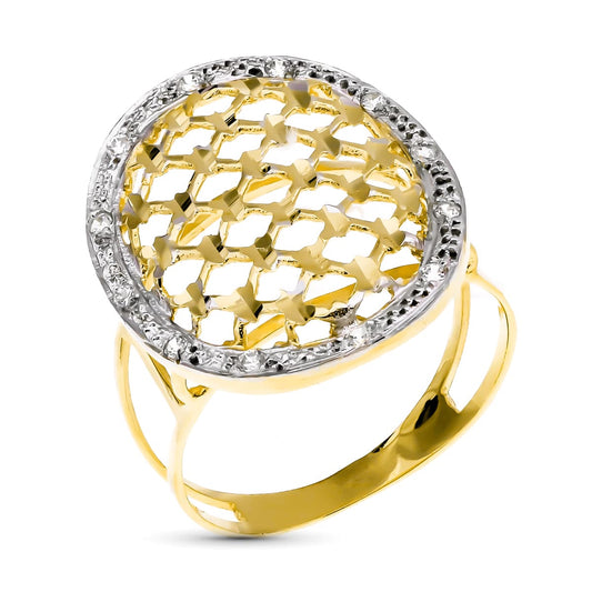 18K SORTIJA ORO BICOLOR OVAL TALLADA CON BORDE DE CIRCONITA 25X20 MM