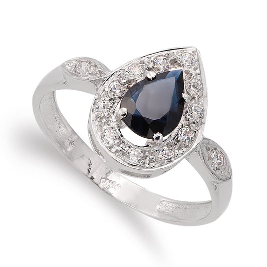 18K SORTIJA ORO BLANCO PIEDRA FINA TALLA GOTA 7X5 MM Y CIRCONITAS. ANCHO: 13 MM