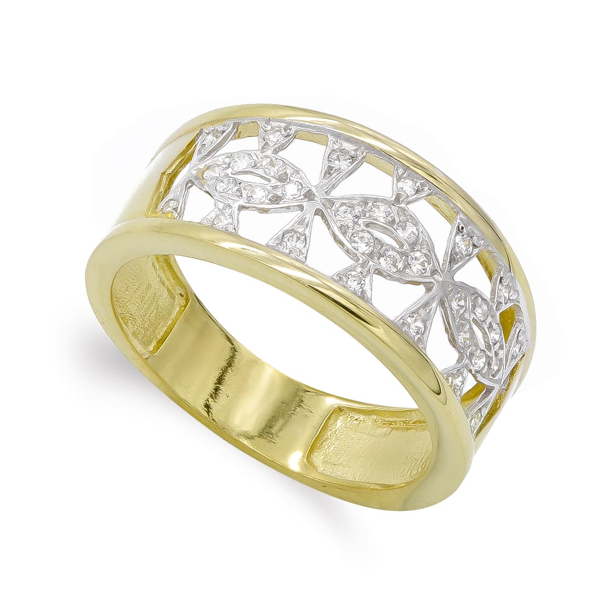 18K SORTIJA ORO BICOLOR CON BORDES LISOS Y CENTRO CALADA DE CIRCONITAS. ANCHO: 9,5 MM