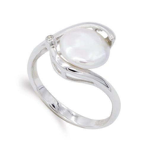 18K SORTIJA ORO BLANCO Y PERLA BOTON 9 MM