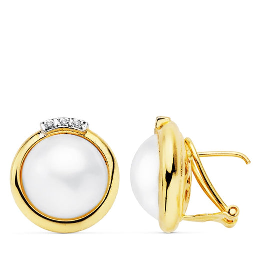 18K PENDIENTES ORO AMARILLO PERLA JAPONESAS 17X16 MM CIERRE OMEGA