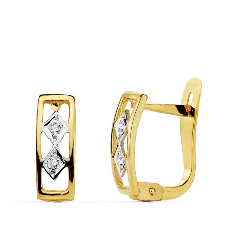 Pendientes Bicolor Circonita 10 x 3 mm 18K