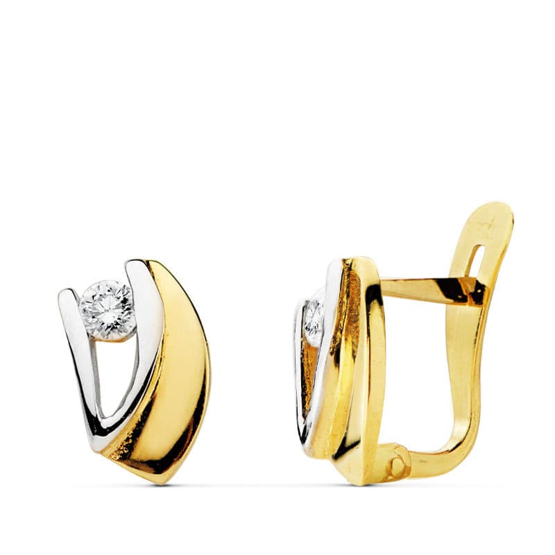 Pendientes Bicolor Circonita 9 x 5 mm 18K